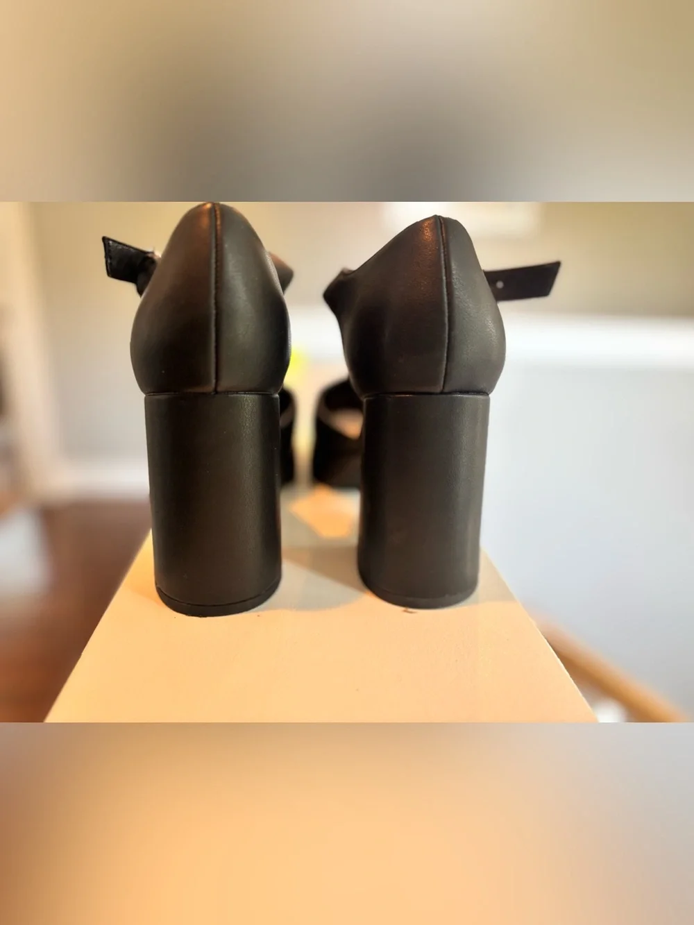 Black T-Strap Platform Block Heels with Buckle. Can be dressed up or down